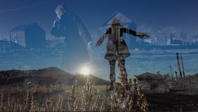 Sukie dances outdoors in two overlaid images against the same background. Small sheds, mountains, and desert grass appear against a bright sunrise.